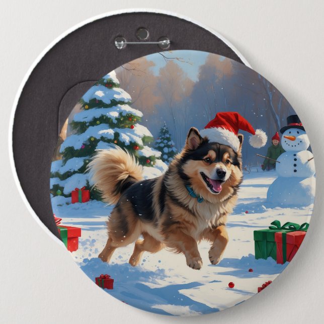 Finsk Lapphund springer i snö med julhatt Knapp (Framsida & baksida)