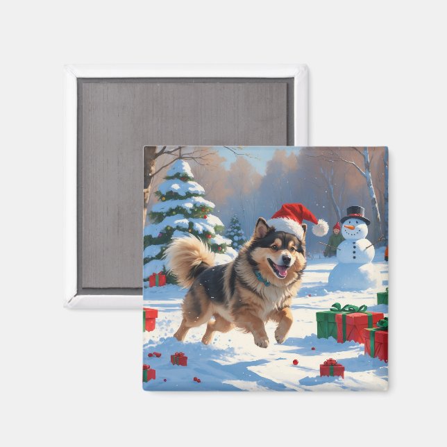 Finsk Lapphund springer i snö med julhatt Magnet (Front/Back)