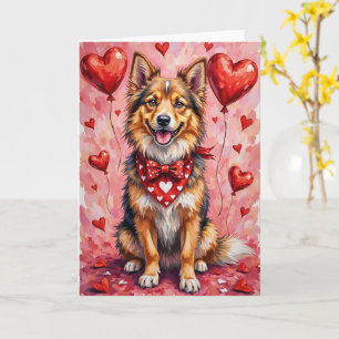 Finsk Lapphund Valentine Hund Sittande med Hjärtan Kort