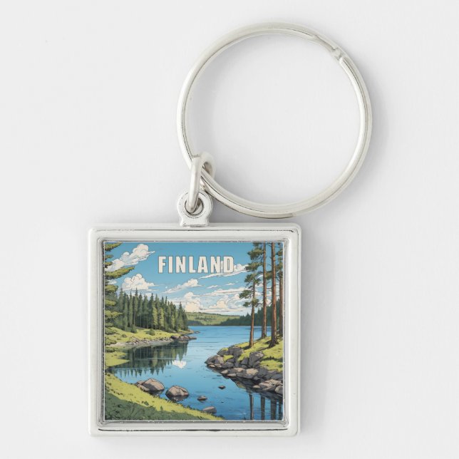 Finsk naturillustration fyrkantig silverfärgad nyckelring (Framsidan)