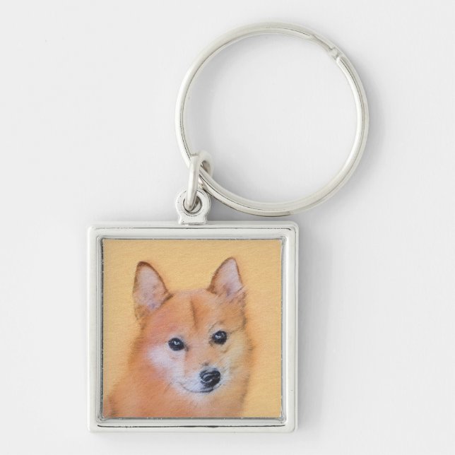 Finsk slitz-målning - Cute Original Hund Art Fyrkantig Silverfärgad Nyckelring (Framsidan)