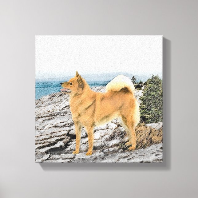 Finsk spitz vid Seashore Painting - Hund Art Canvastryck (Framsida)