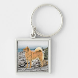 Finsk spitz vid Seashore Painting - Hund Art Fyrkantig Silverfärgad Nyckelring