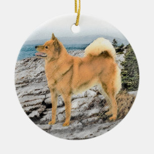 Finsk spitz vid Seashore Painting - Hund Art Julgransprydnad Keramik