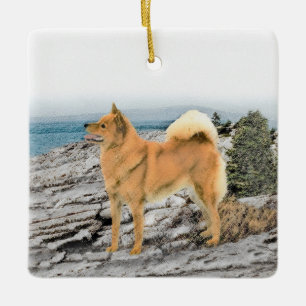 Finsk spitz vid Seashore Painting - Hund Art Julgransprydnad Keramik