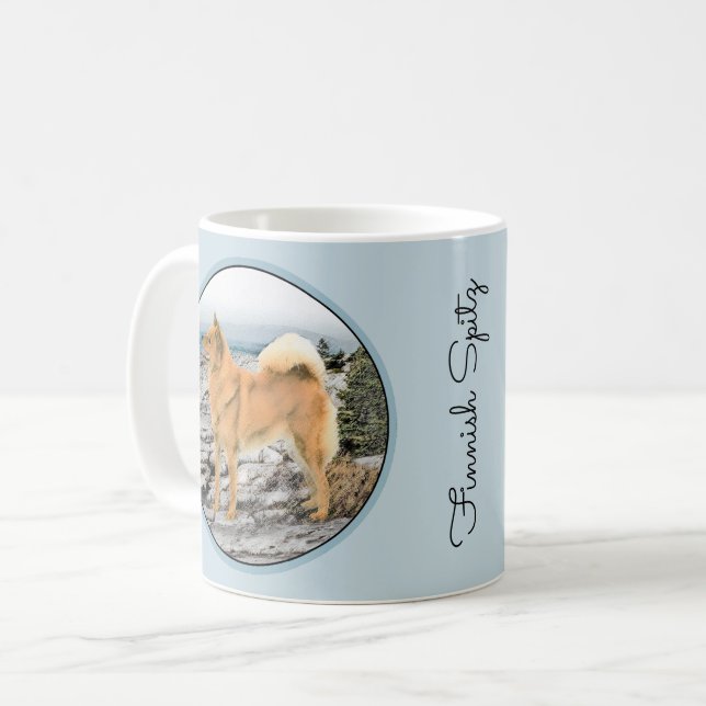 Finsk spitz vid Seashore Painting - Hund Art Kaffemugg (Framsida vänster)