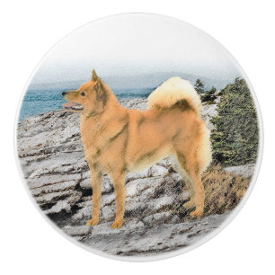 Finsk spitz vid Seashore Painting - Hund Art Knopp