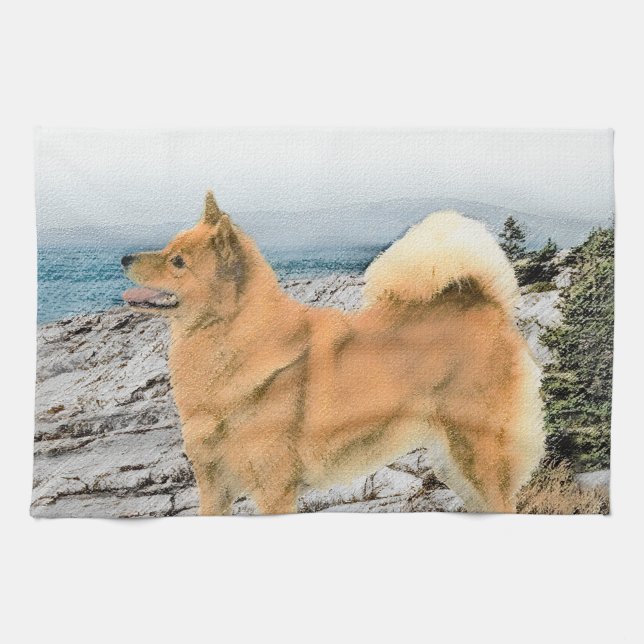 Finsk spitz vid Seashore Painting - Hund Art Kökshandduk (Horisontell)