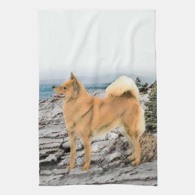 Finsk spitz vid Seashore Painting - Hund Art Kökshandduk (Vertikal)