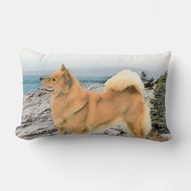 Finsk spitz vid Seashore Painting - Hund Art Lumbarkudde (Framsida)