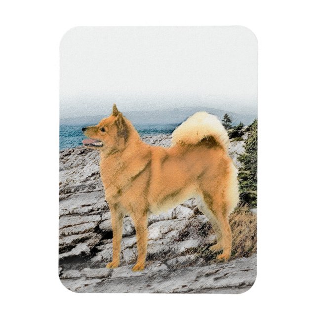 Finsk spitz vid Seashore Painting - Hund Art Magnet (Vertikal)