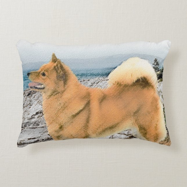 Finsk spitz vid Seashore Painting - Hund Art Prydnadskudde (Framsidan)
