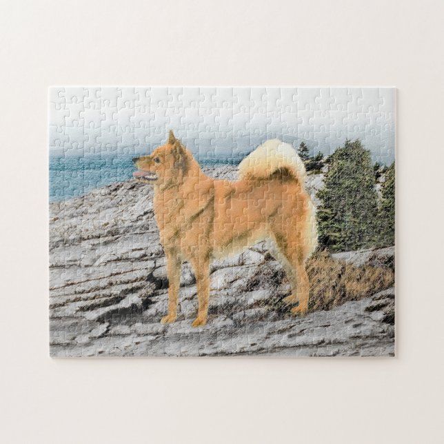 Finsk spitz vid Seashore Painting - Hund Art Pussel (Horisontell)