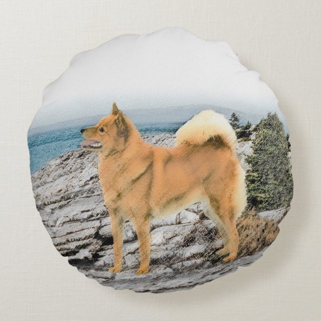 Finsk spitz vid Seashore Painting - Hund Art Rund Kudde (Baksidan)