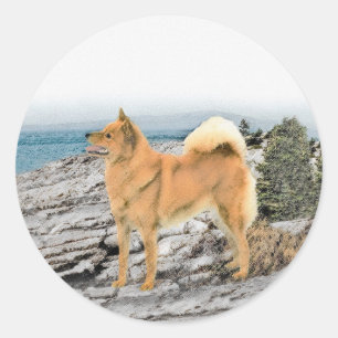 Finsk spitz vid Seashore Painting - Hund Art Runt Klistermärke