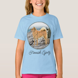 Finsk spitz vid Seashore Painting - Hund Art T-Shi T Shirt