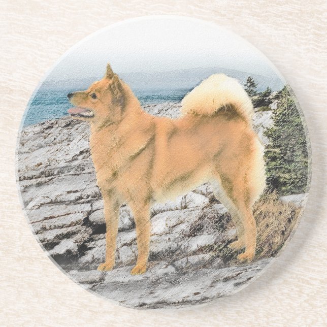 Finsk spitz vid Seashore Painting - Hund Art Underlägg (Framsidan)