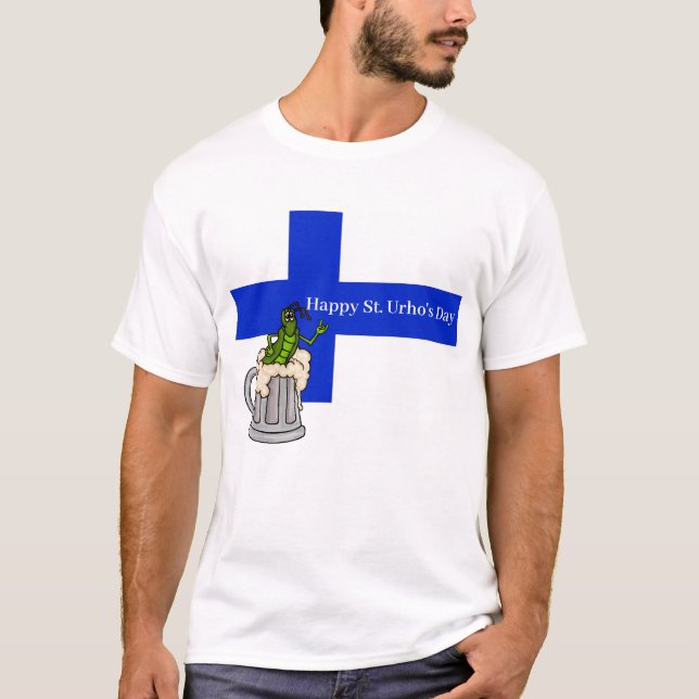 Finska Flagga med gräshopper i Beer Mugg T-Shirt (Framsida)
