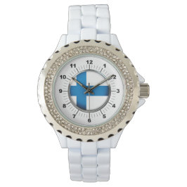 Finska Flagga Rhinestone White Enamel Watch Armbandsur