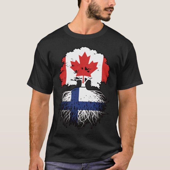 Finska kanadensiska kanadensiska Träd Roots Flagga T Shirt (Framsida)