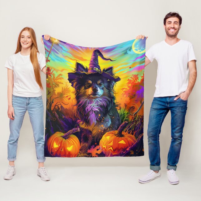 Finska Lapphund Hund Halloween Witch och Pumpkin Fleecefilt (På plats)