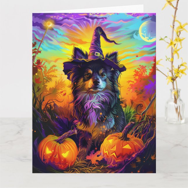 Finska Lapphund Hund Halloween Witch och Pumpkin Kort (Gul blomma)
