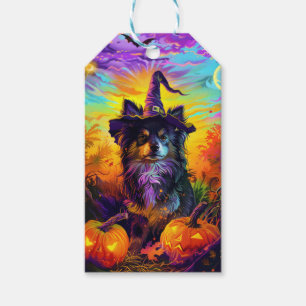 Finska Lapphund Hund Halloween Witch och Pumpkin Presentetikett