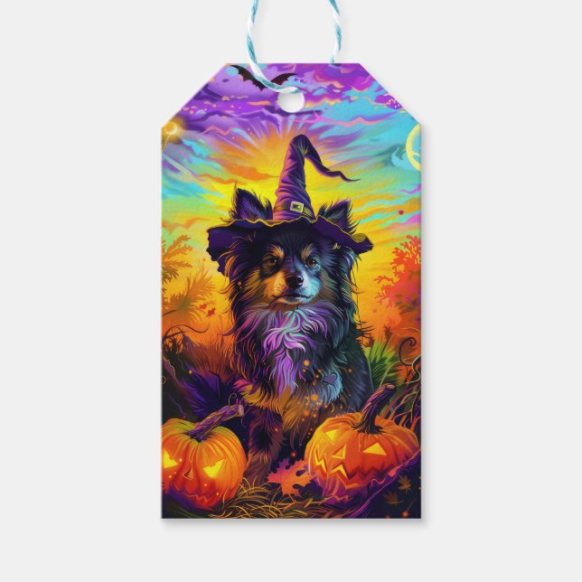 Finska Lapphund Hund Halloween Witch och Pumpkin Presentetikett (Framsidan)