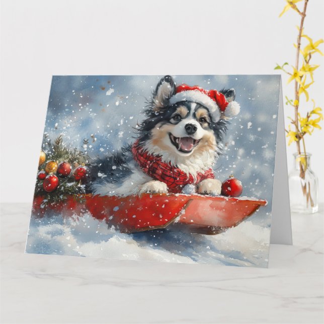 Finska Lapphund i Sledge Låt det snöa jul Kort (Gul blomma)