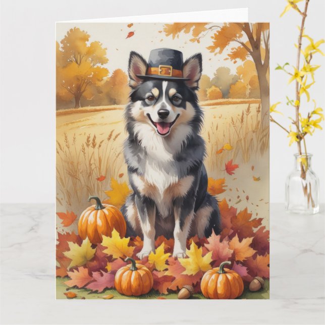 Finska Lapphund In Höst löv Thanksgiving Art Kort (Gul blomma)