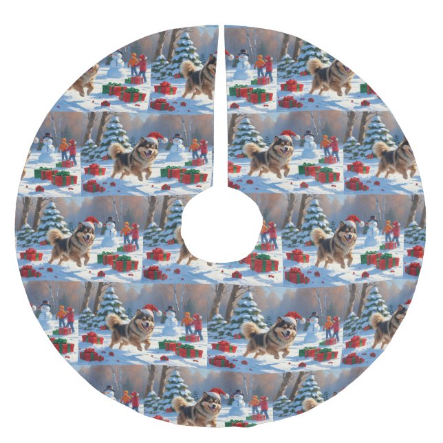 Finska Lapphund Running Snö med julhatt Julgransmatta Borstad Polyester (Framsidan)