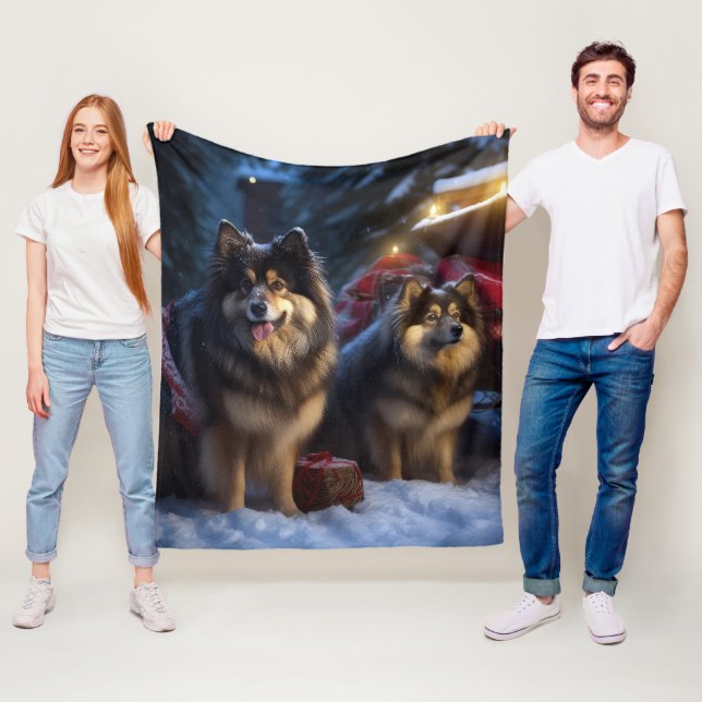 Finska Lapphund Snowy Sleigh-juldekretet Fleecefilt (På plats)