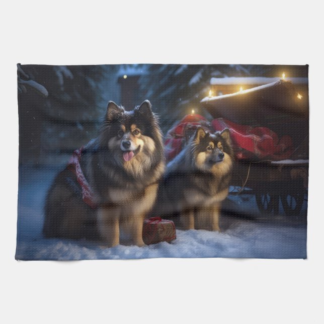Finska Lapphund Snowy Sleigh-juldekretet Kökshandduk (Horisontell)