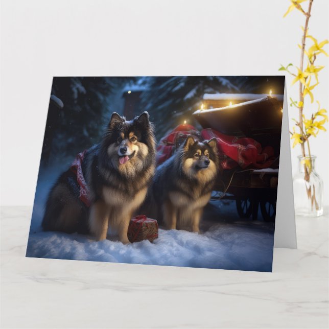 Finska Lapphund Snowy Sleigh-juldekretet Kort (Gul blomma)