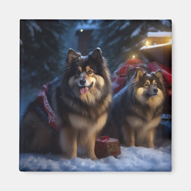 Finska Lapphund Snowy Sleigh-juldekretet Magnet (Framsidan)