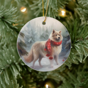 Finska Lappund Hund i Snö jul Julgransprydnad Keramik