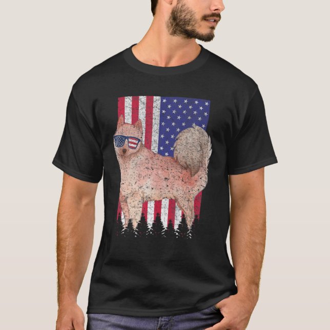 Finska Spitz Patriotic Hund USA Pride American Fla T Shirt (Framsida)