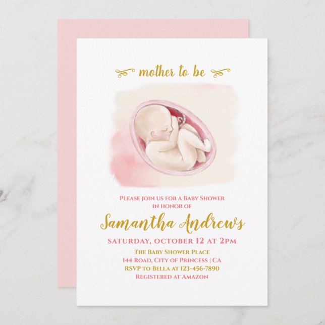 Fint Baby i Womb Teckning Baby Shower Invit Inbjudningar (Fram/baksida)