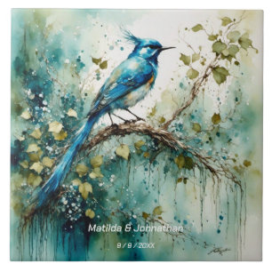 Fint Blue Bird. Namn & Bröllop Datum redigerbart Kakelplatta