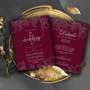 Fint Burgundy Calligraphy All in One Bröllop Inbjudningar