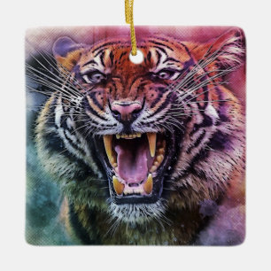 Fint Growling Bengal Tiger Ansikte Photo Julgransprydnad Keramik