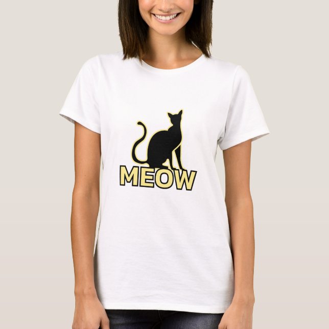 Fint katt - Vanilla Gult "MEOW" Cat Silhouette T Shirt (Framsida)