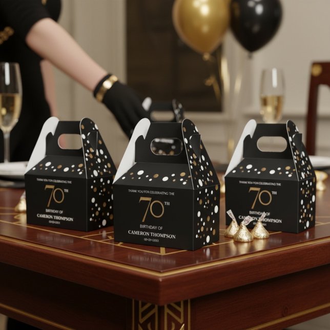 Fint konfetti guld svart 70-årsdag  presentaskar (Customizable black gold confetti 70th birthday party favor boxes.)