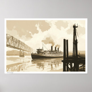 FINT KONSTILLUSTRATION FLODBÅTS LANDSKAP POSTER