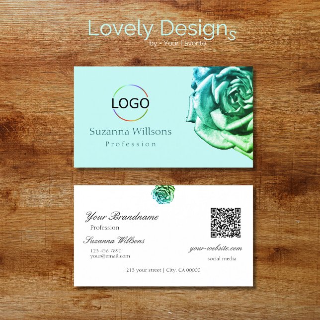 Fint Ro på Plain Teal White med Logotyp QR-kod Visitkort (Skapare uppladdad)