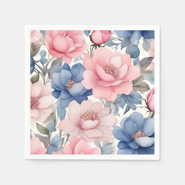 Fintvätefärgad blått och Rosa Flowers Mönster Pappersservett (Framsidan)
