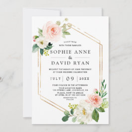 Fintvätefärgad Rosa Vit Blommigt Guld Bröllop Inbjudningar