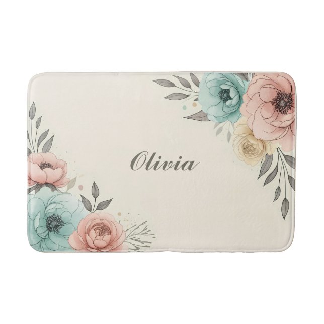 Fintvätefärgade Sketchy-blommor Badrumsmatta (Framsidan)