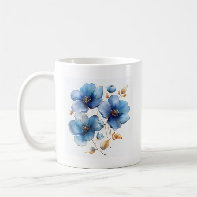 Fintvätt av azren blått och guld blommor kaffemugg (Vänster)