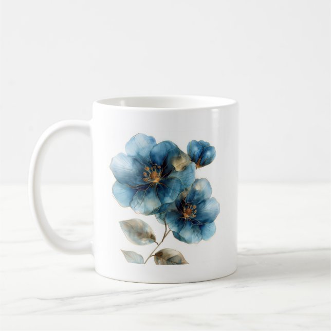 Fintvätt av azren blått och guld blommor kaffemugg (Vänster)